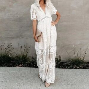 Ivory Floral Embroidered Lace Boho Maxi Dress Deep V-neck Fairycore Cottagcore.